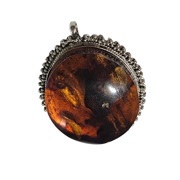 Vintage Huge Round Amber in Silver Tone Metal Pendant on Black Ribbon Necklace - Picture 7 of 7